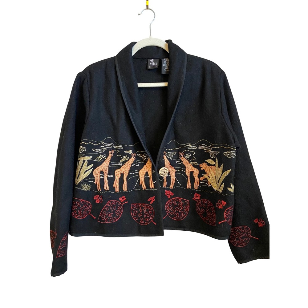Ali Miles Black Embroidered Giraffe Tiger Safari Jacket‎ Size PM Petite Medium